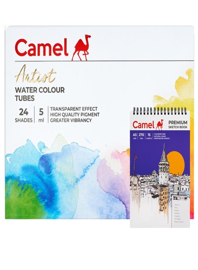 كاميل دفتر رسم حلزوني للفنان كاميل كاميلين كوكويو، مقاس A5، 270 غرام/متر مربع، غير سام، مجموعة أنابيب ألوان مائية للفنان كاميل، 24 لونًا، 5 مل، WCT245 - Image 1